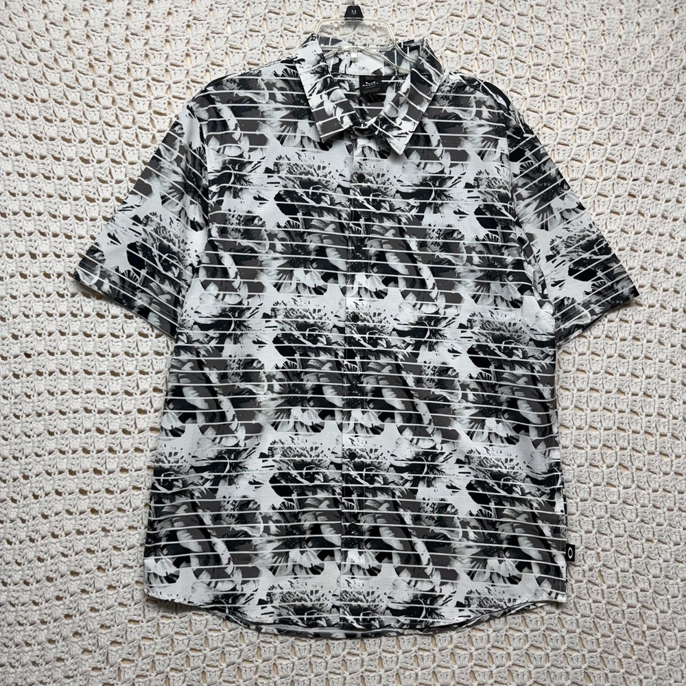 Oakley Shirt Mens XL Gray White Floral Geometric Short Sleeve Button Up Casual